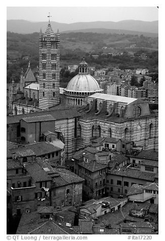 Duomo seen from Torre del Mangia. Siena, Tuscany, Italy (black and white)