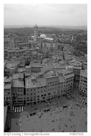 Piazza Del Campo and Duomo seen from Torre del Mangia. Siena, Tuscany, Italy (black and white)