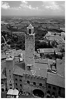Palazzo Vechchio del Podesta (1239) seen from Torre Grossa. San Gimignano, Tuscany, Italy (black and white)