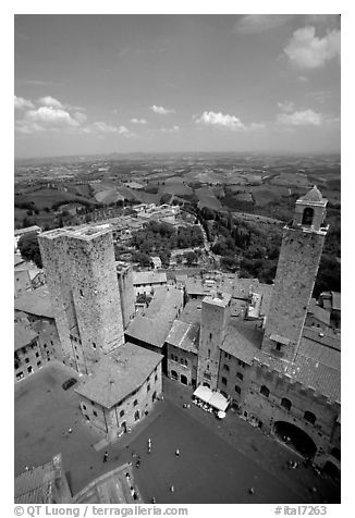 Piazza del Duomo seen from Torre Grossa. San Gimignano, Tuscany, Italy (black and white)