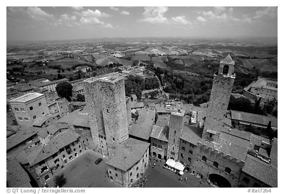 Plazza and towers  seen from Torre Grossa. San Gimignano, Tuscany, Italy (black and white)