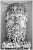 Sculptured head, Villa d'Este. Tivoli, Lazio, Italy (black and white)