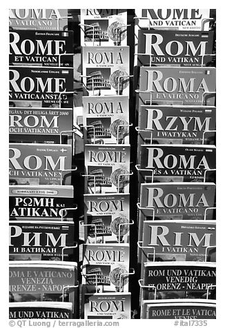 Tourist guides about Rome in all languages. Rome, Lazio, Italy (black and white)