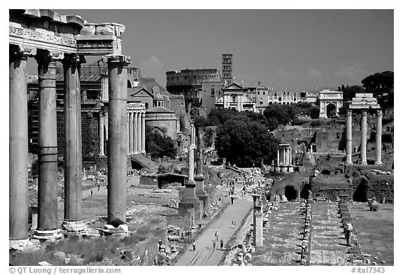 Roman Forum and Colosseum. Rome, Lazio, Italy (black and white)