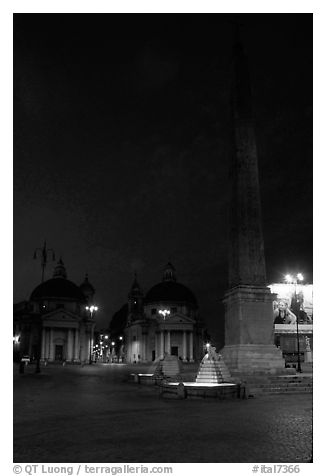 Obelisk in Piazza Del Popolo at night. Rome, Lazio, Italy (black and white)