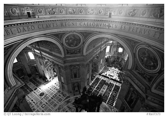 Interior of Basilica San Pietro (Saint Peter) seen from the Dome. Vatican City (black and white)