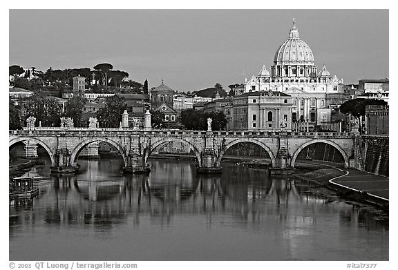 Ponte Sant'Angelo over the Tiber, and Basilica San Pietro, sunrise. Vatican City (black and white)