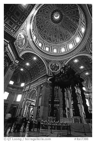 Baldachino, Bernini's baroque canopy stands above St Peter's tomb. Vatican City (black and white)