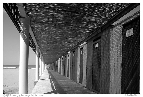 Changing rooms and beach, Paestum. Campania, Italy (black and white)