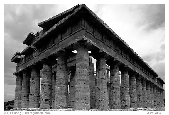 Temple of Neptune, the largest and best preserved of the three temples. Campania, Italy (black and white)