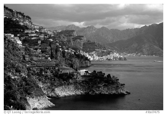 Coastline with Amalfi in the background. Amalfi Coast, Campania, Italy (black and white)