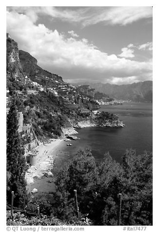 Hills plunging into the Mediterranean. Amalfi Coast, Campania, Italy (black and white)