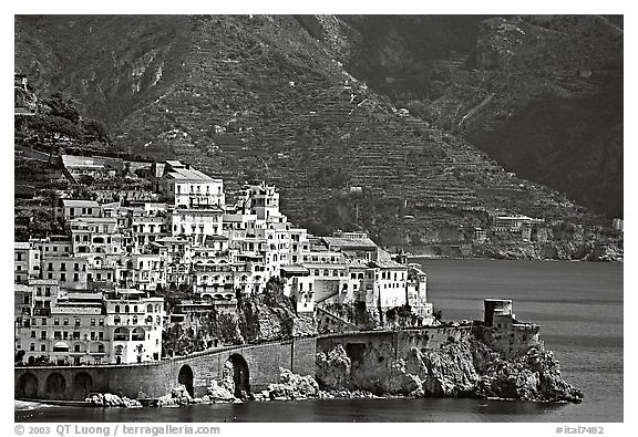 Houses built on a rocky promontory in Amalfi. Amalfi Coast, Campania, Italy (black and white)