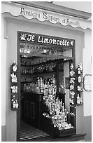 Store specializing in Lemoncelo, the local lemon-based liquor, Amalfi. Amalfi Coast, Campania, Italy (black and white)