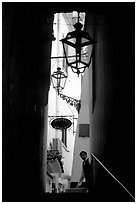 Narrow stairway with formally dressed man and hotel sign,  Amalfi. Amalfi Coast, Campania, Italy (black and white)