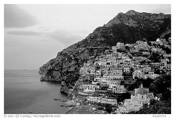 Positano at dawn. Amalfi Coast, Campania, Italy (black and white)