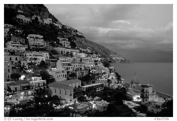 Positano lights coming up at dusk. Amalfi Coast, Campania, Italy (black and white)