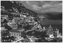 Positano and Mediterranean before nightfall. Amalfi Coast, Campania, Italy ( black and white)