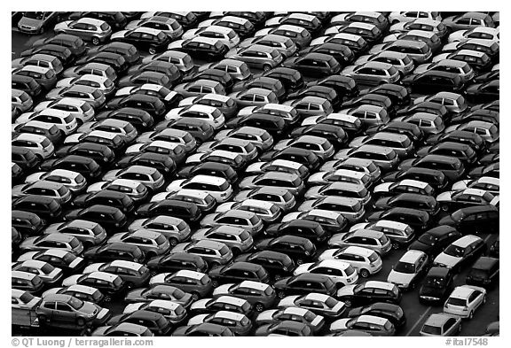 Rows of cars in transit at Salerno port. Amalfi Coast, Campania, Italy (black and white)