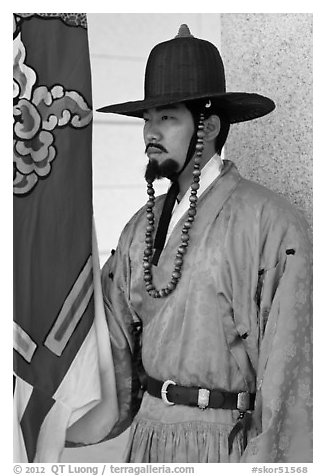 Jeongbyeong (regular soldier from Joseon dynasty), Gyeongbokgung. Seoul, South Korea (black and white)