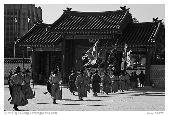 Ceremony of gate guard change, Gyeongbokgung. Seoul, South Korea (black and white)