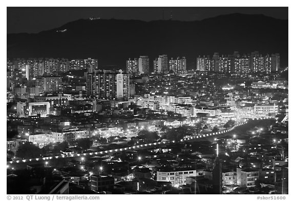 Elevated view of city at night, Suwon. South Korea (black and white)