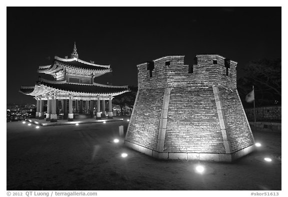 Crossbow tower and command post at night,  city lights, Suwon. South Korea