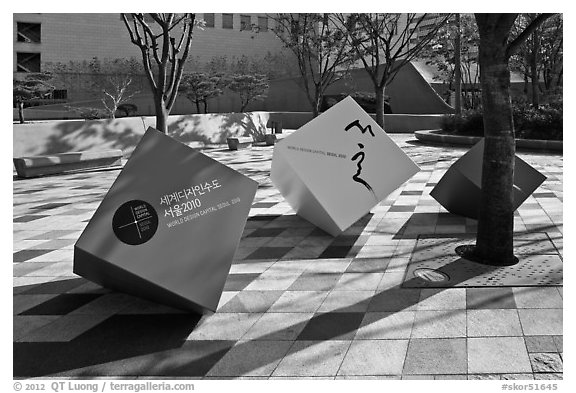 Sculptures celebrating city choice as world design capital. Seoul, South Korea (black and white)