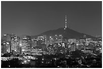 Seoul skyline with N Seoul Tower at night. Seoul, South Korea ( black and white)