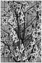 Sappling decorated with Korean flags. Seoul, South Korea (black and white)