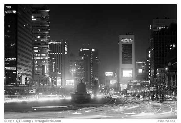 Large boulevard, lights, and high rises. Seoul, South Korea