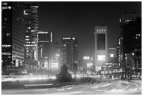 Large boulevard, lights, and high rises. Seoul, South Korea ( black and white)