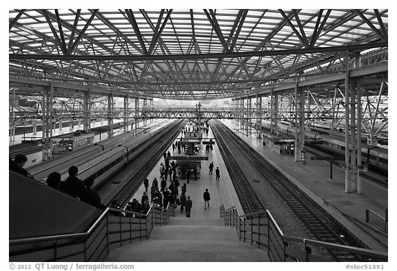 Seoul train station platforms. Seoul, South Korea (black and white)