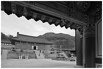 Haeinsa Temple framed by entrance gate. South Korea ( black and white)
