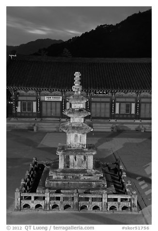 Stone pagoda at dusk, Haeinsa Temple. South Korea (black and white)