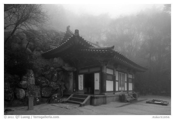 Grotto entrance pavilion in fog, Seokguram. Gyeongju, South Korea