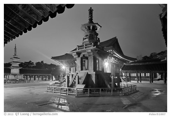 Main courtyard with pagodas by night, Bulguk-sa. Gyeongju, South Korea (black and white)