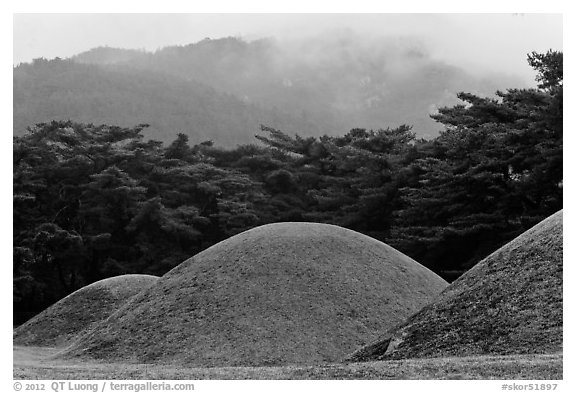 Barrows and misty mountains, Mt Namsan. Gyeongju, South Korea (black and white)