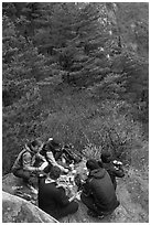 Hikers picniking, Namsan Mountain. Gyeongju, South Korea ( black and white)