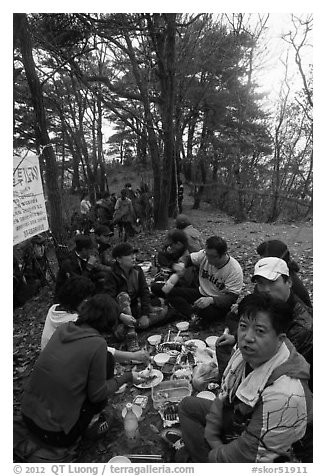 Summit picnic, Geumosang Peak, Mt Namsan. Gyeongju, South Korea (black and white)