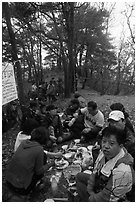 Summit picnic, Geumosang Peak, Mt Namsan. Gyeongju, South Korea (black and white)