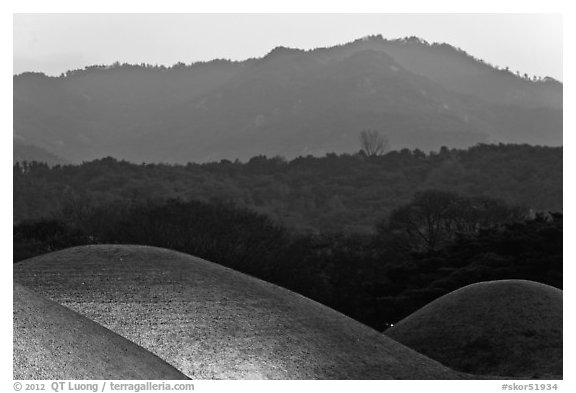 Burial mounds and hills. Gyeongju, South Korea (black and white)