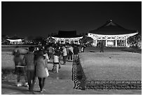 Crowd visiting Anapji Pond at night. Gyeongju, South Korea ( black and white)