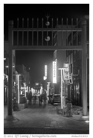 Gate and street with lights at night. Gyeongju, South Korea (black and white)