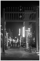 Gate and street with lights at night. Gyeongju, South Korea ( black and white)