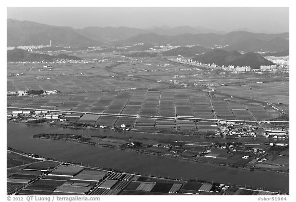 Aerial view of fileds and high rises, Busan. South Korea (black and white)
