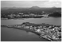 Seongsang Ilchulbong and volcanoes from above. Jeju Island, South Korea ( black and white)