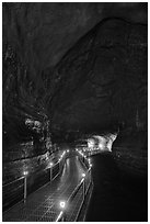 Huge lava tube cave with walkway, Manjanggul. Jeju Island, South Korea (black and white)
