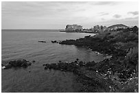 Seashore and Yongduam Rock, Jeju-si. Jeju Island, South Korea (black and white)