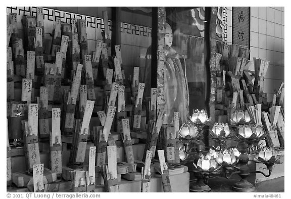Tablets with names on altar, Kuan Yin Teng temple. George Town, Penang, Malaysia (black and white)